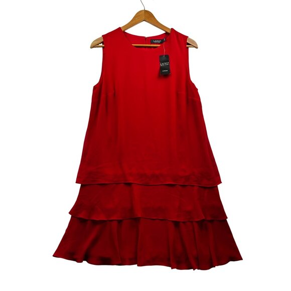 RALPH LAUREN BLACK LABEL Red Tiered Dress Eco Fabric Luxe Cocktail Look Sz 12 - Picture 2 of 9